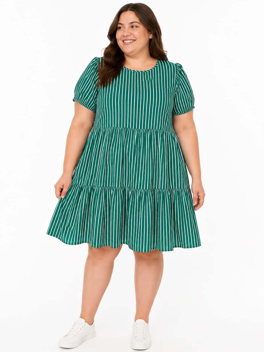 Indigo Rose Plus Size Green and White Striped Tiered Puff Sleeve Midi Dress